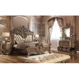 ACME Constantine PU/Wood Panel Bedroom Set, Brown/Gold