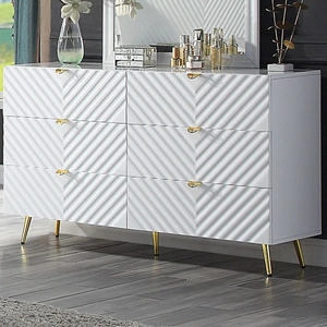 ACME Gaines Wood/Metal Double Dresser w/6 Drawers, White High Gloss