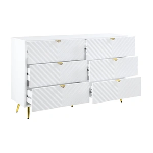 ACME Gaines Wood/Metal Double Dresser w/6 Drawers, White High Gloss