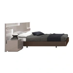 SoleModern Maratea Modern Bed with Lighting, Light Grey Lacquer/Espresso Oak