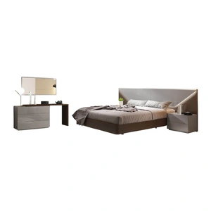 SoleModern Anzio Modern Bedroom Set with Lighting, Light Grey Lacquer/Oak