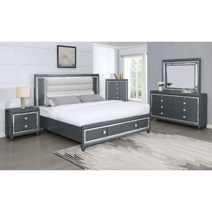 Bella Furniture SM Carlyle Fabric/Wood Panel Storage Bedroom Set w/LED Light, Metallic Charcoal