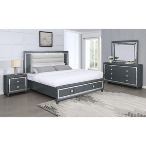 Bella Furniture SM Carlyle Fabric/Wood Panel Storage Bedroom Set w/LED Light, Metallic Charcoal