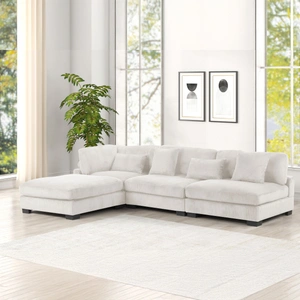Galaxy Home Furnishings Bentley 4-Piece Corduroy Fabric L-Shaped Sectional Sofa, Cream