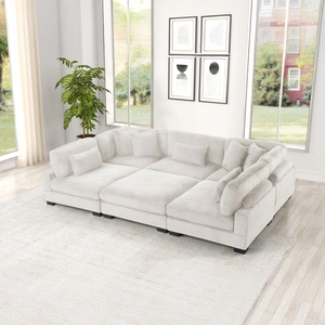Galaxy Home Furnishings Bentley 6-Piece Corduroy Fabric L-Shaped Sectional Sofa, Cream