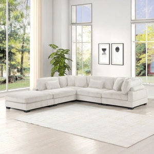 Galaxy Home Furnishings Bentley 5-Piece Corduroy Fabric L-Shaped Sectional Sofa, Cream