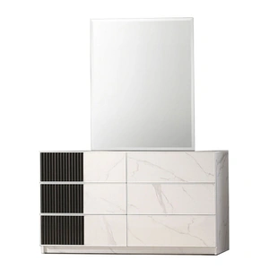 J&M Furniture Bianca Marble Look Dresser w/6 Drawers & Mirror, White/Grey Marble