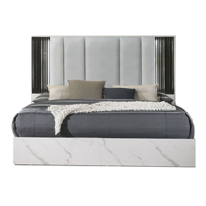 J&M Furniture Bianca Leatherette Bed w/LED, White Marble/Grey