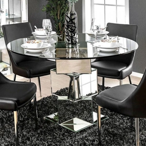 Furniture of America Izzy Glass/Mirror/Metal Round Dining Table, Clear/Silver