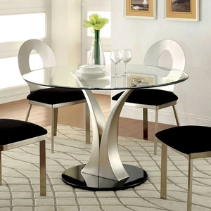 Furniture of America Valo Glass/Metal Round Dining Set, Silver/Black