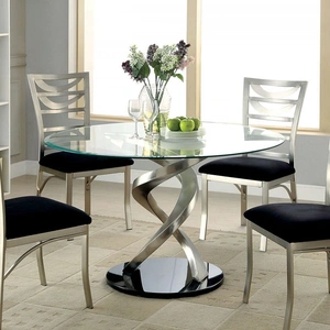 Furniture of America Roxo Glass/Metal Round Dining Set, Silver/Black