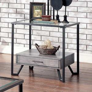 Furniture of America Ponderay Glass/Metal/Wood Storage End Table w/Drawer, Gray