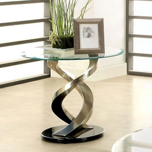 Furniture of America Nova Glass/Steel Round End Table, Satin Plated/Black