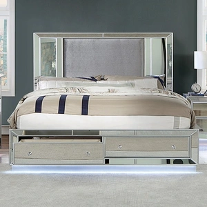 Furniture of America Belladonna Fabric/Mirror/Wood Storage Platform Bed w/LED Light, Queen Size, Silver