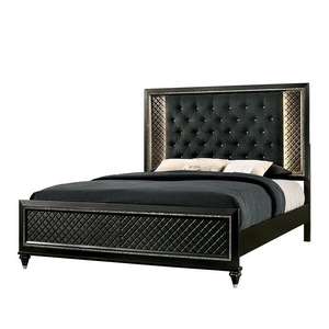 Furniture of America Demetria Fabric/Wood Tufted Panel Bed w/LED Light, Metallic Gray
