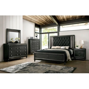 Furniture of America Demetria Fabric/Wood Tufted Panel Bedroom Set w/LED Light, Metallic Gray