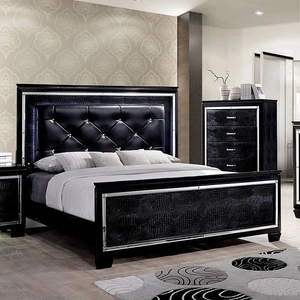Furniture of America Bellanova Mirror/Leatherette/Wood Tufted Panel Bed w/LED Ligths, Black