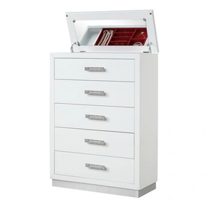 Galaxy Home Furnishings Coco 5-Drawer Wood Veneer Chest w/Mirror Lid on Top, Milky White