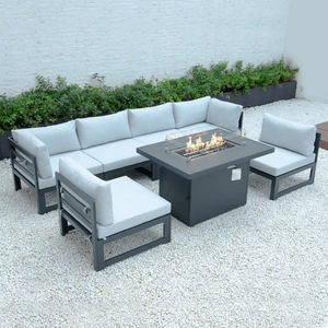 LeisureMod Chelsea 7-Piece Patio Polyester Set w/Fire Pit Table