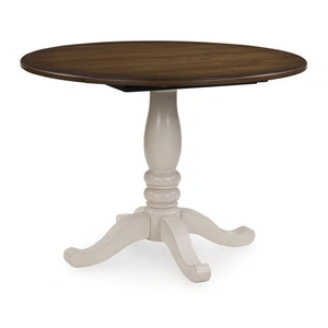 Ashley Furniture Wirloni Round Drop-Leaf Dining Table - Antique White & Brown, Antique White/Brown