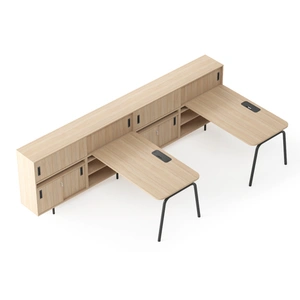 NARBUTAS Round Melamine Office 2-Desk Workstation w/Right Hand Desks, Two-Cabinet Combinations & Single Height Shelf Units
