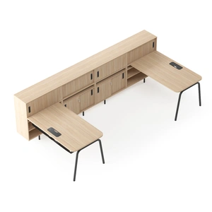 NARBUTAS Round Melamine Office 2-Desk Workstation w/Right Hand & Left Hand Desks, Two-Cabinet Combinations & Single Height Shelf Units