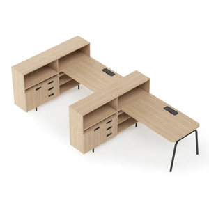 NARBUTAS Round Melamine Office 2-Desk Workstation w/Right Hand Desks, Two-Cabinet Combinations & Single Height Open Shelf Units