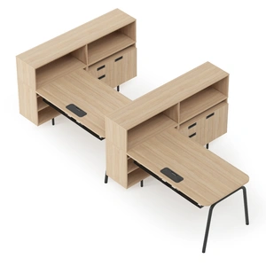 NARBUTAS Round Melamine Office 2-Desk Workstation w/Left Hand Desks, Two-Cabinet Combinations & Single Height Open Shelf Units