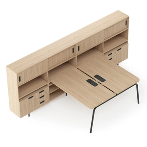 NARBUTAS Round Melamine Office 2-Desk Bench Workstation w/Two-Cabinet Combinations & Two-Height Shelf Units