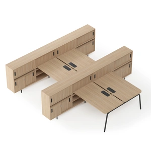 NARBUTAS Round Melamine Office 4-Desk Workstation w/2-Desk Benches, Two-Cabinet Combinations & Single Height Shelf Units