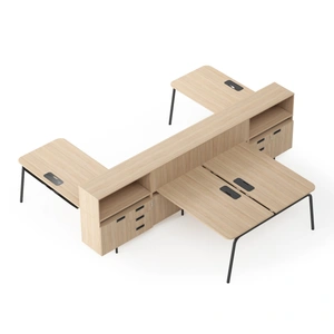 NARBUTAS Round Melamine Office 4-Desk Double-Sided Workstation (2-Desk Bench & 2 Single Desks) w/ Two-Cabinet Combinations & Single Height Shelf Units