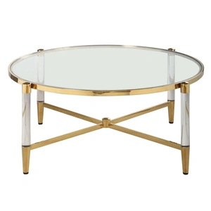 Chintaly Imports Denali Round Tempered Glass Cocktail Table, Clear/Brass