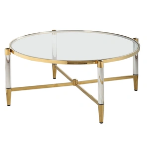 Chintaly Imports Denali Round Tempered Glass Cocktail Table, Clear/Brass