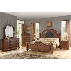 Cosmos Furniture Destiny 5Pc Bedroom Set with Faux Leather Upholstered Headboard, Cherry