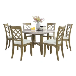 ACME Karsen Marble/Wood Round Dining Room Set, Beige/Rustic Oak