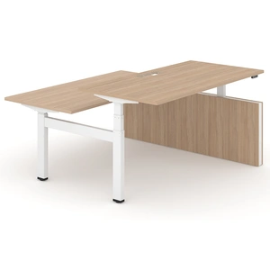 NARBUTAS Motion Electric Height Adjustable Office 2-Desk Bench w/Open Metal Leg, Panel Leg & 2 Grommets, 3 Level Columns