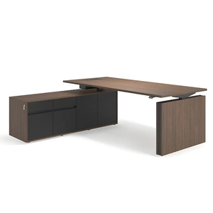 NARBUTAS Motion Executive Height Adjustable Melamine Desk w/Fixed Pedestal, Grommet & Box for Power Socket