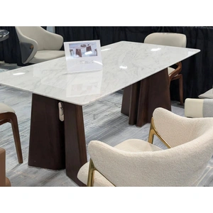 Beverly Hills Furniture 6344 Rectangular Carrara Luxury Marble Dining Table with Architectural Legs, White/Walnut