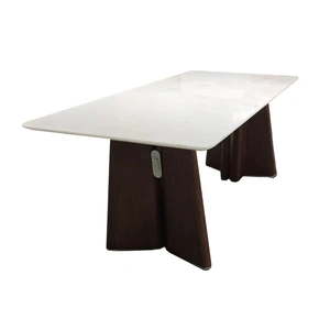 Beverly Hills Furniture 6344 Rectangular Carrara Luxury Marble Dining Table with Architectural Legs, White/Walnut