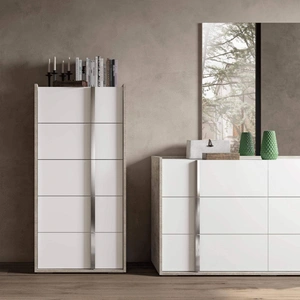 Status, Italy Treviso ESF Wood Veneer/Chrome Chest w/5 Drawers, White/Grey Stone
