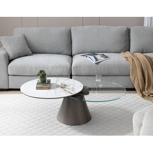 J&M Furniture Eclipse Glass/Marble Dual Swivel Top Coffee Table, White/Grey