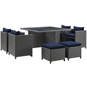Modway Furniture Sojourn 9-Pc Sunbrella/Synthetic Rattan Weave Outdoor Patio Dining Set