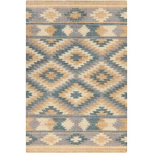 Chandra Ethel Jute/Cotton Rectangular Hand-woven Rug, Blue/Grey/Gold/Beige