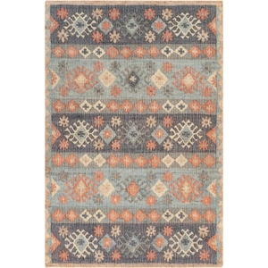 Chandra Ethel Jute/Cotton Rectangular Hand-woven Rug, Blue/Grey/Orange/Beige/Black