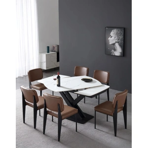 Beverly Hills Furniture Evolve Rectangular Porcelain/Metal Rotating Extendable Dining Table with Criss-Cross Legs, White/Black Matte
