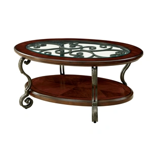 Furniture of America May Glass/Wood Oval Storage Coffee Table, Brown Cherry