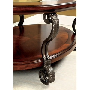 Furniture of America May Glass/Wood Oval Storage Coffee Table, Brown Cherry