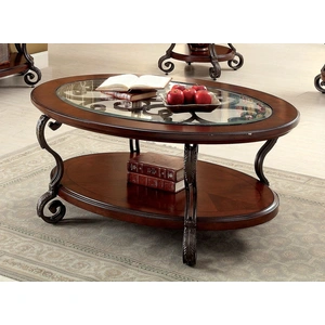 Furniture of America May Glass/Wood Oval Storage Coffee Table Set, Brown Cherry