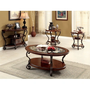 Furniture of America May Glass/Wood Oval Storage Coffee Table Set, Brown Cherry