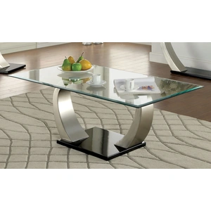 Furniture of America Roxo Glass/Steel Coffee Table, Satin Plated/Black